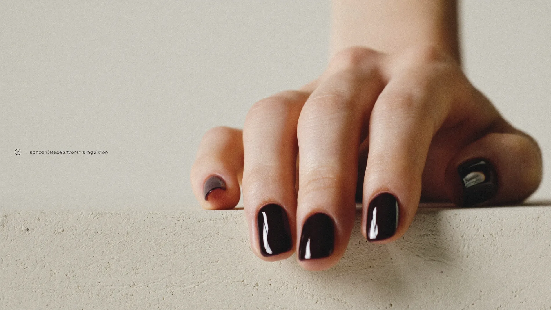 A hand with deep oxblood lacquered nails resting on a plaster ledge